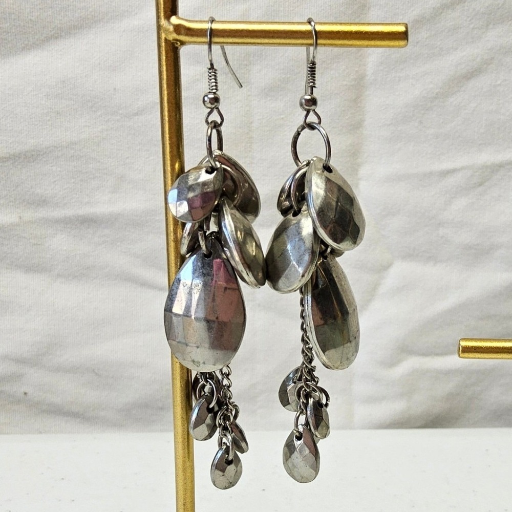 Dangle Earrings Women Silver Tone Faceted Teardrop Cluster‎ Cascading Chain